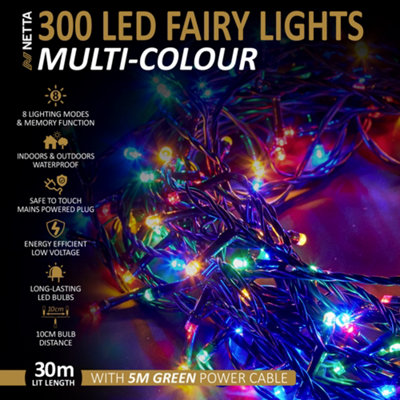 300 LED 30M Fairy String Lights Outdoor and Indoor Plug In - Multi Colour