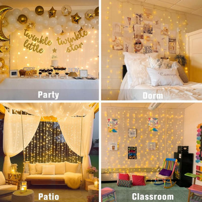 300 LED Curtain Lights, Remote Control, Plug-In, Warm White, for Indoor/Outdoor Wedding Party Decor