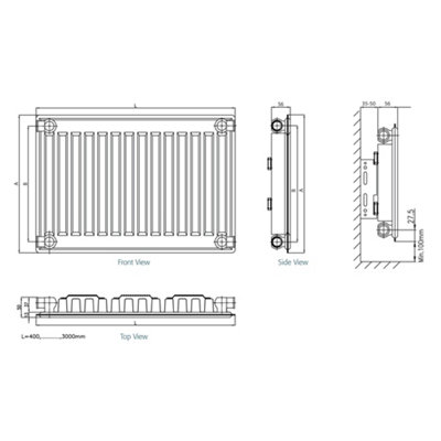 300mm (H) x 1200mm (W) - Type 11 Radiator - Single Panel Convector - White Enamel (RAL 9016) - (0.3m x 1.2m) (12" x 47")