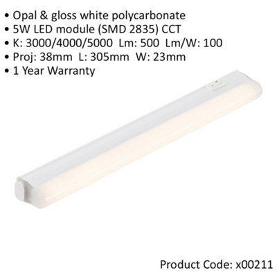 300mm Under Cabinet LED Light - 5W SMD 2835 CCT LED Module - Opal & Gloss White