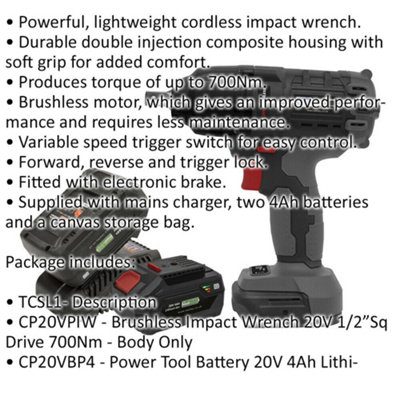 300Nm Cordless Brushless Impact Wrench & 2x Li-Ion Batteries - 1/2" Square Drive