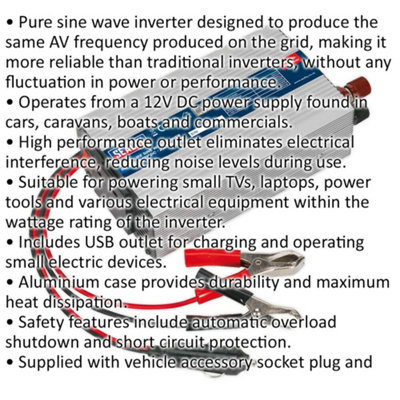 300W Power Inverter - 12V DC to 230V 50Hz - Pure Sine Wave - High Performance