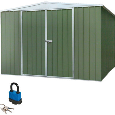 300x300cm Galvanised Steel Garden Shed - Outdoor Metal Storage & Padlock - Green