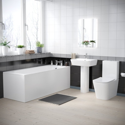 Nes Home White 560mm Square Modern Full Pedestal Basin Toilet Bath & Bath Panel from B&Q