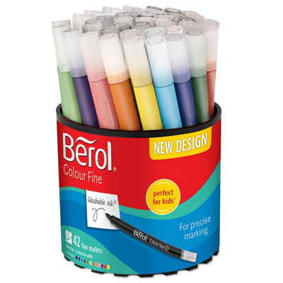 Berol Felt Tip Colouring Pens Fine Point (0.6mm) Assorted Colours With Washable Ink Tub Of 42 Markers from B&Q
