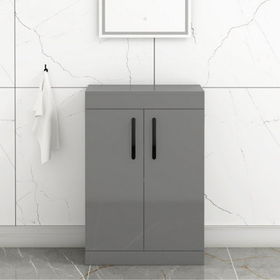 B&Q -  Turin 600mm Indigo Grey Gloss Floor Standing Worktop Vanity Unit2 Doors With Matt Black Handle