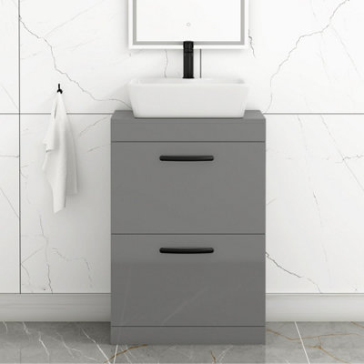 B&Q -  600mm Floor Standing Vanity Unit 2 Drawer Indigo Grey Gloss & Countertop BasinCube With Matt Black Handle