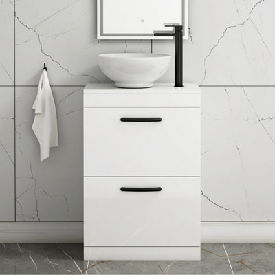B&Q -  600mm Floor Standing Vanity Unit 2 Drawer Gloss White & Countertop BasinBreeze With Matt Black Handle