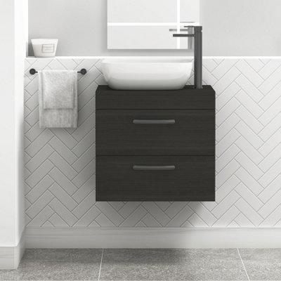 B&Q -  600mm Wall Hung Vanity Unit 2 Drawer Hale Black & Elva Countertop Basin With Matt Black Handle