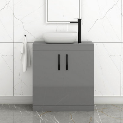 B&Q -  Turin 800mm Floor Standing Vanity Unit 2 Door Indigo Grey Gloss & Countertop BasinElva With Matt Black Handle