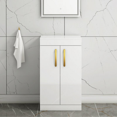 B&Q -  Turin 500mm Gloss White Floor Standing Worktop Vanity Unit2 Doors With Brushed Brass Handle