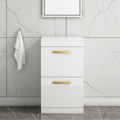 B&Q -  Turin 500mm Gloss White Floor Standing Worktop Vanity Unit2 Drawer With Brushed Brass Handle