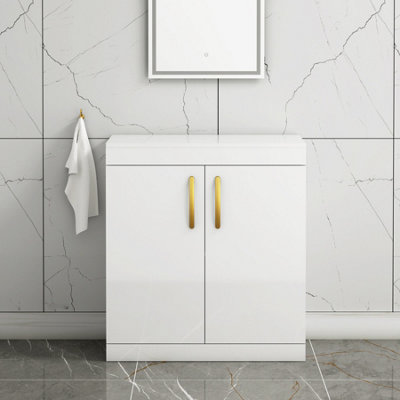 B&Q -  Turin 800mm Gloss White Floor Standing Worktop Vanity Unit2 Doors With Brushed Brass Handle