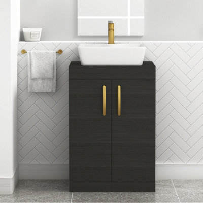 B&Q -  600mm Floor Standing Vanity Unit 2 Door Hale Black & Countertop BasinCube With Brushed Brass Handle