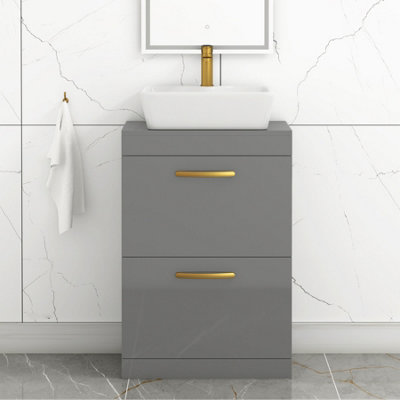 B&Q -  600mm Floor Standing Vanity Unit 2 Drawer Indigo Grey Gloss & Countertop BasinCube With Brushed Brass Handle