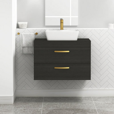 B&Q -  800mm Wall Hung Vanity Unit 2 Drawer Hale Black & Cube Countertop Basin With Brushed Brass Handle