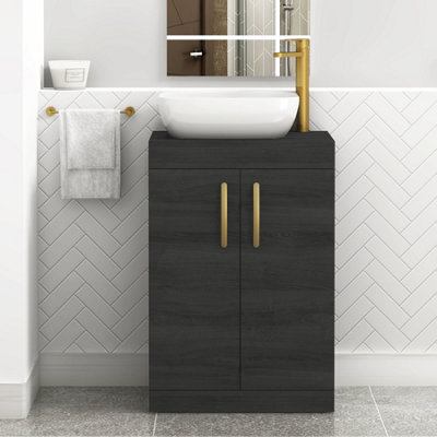 B&Q -  500mm Floor Standing Vanity Unit 2 Door Hale Black & Countertop BasinElva With Brushed Brass Handle