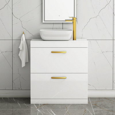 B&Q -  800mm Floor Standing Vanity Unit 2 Drawer Gloss White & Countertop BasinElva With Brushed Brass Handle