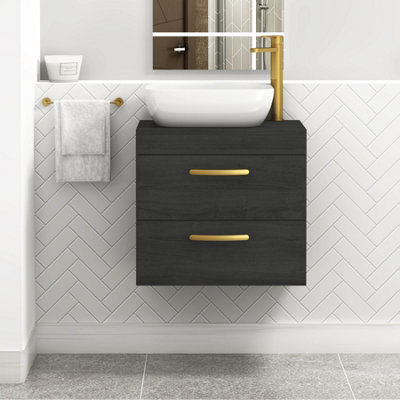 B&Q -  600mm Wall Hung Vanity Unit 2 Drawer Hale Black & Elva Countertop Basin With Brushed Brass Handle