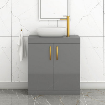 B&Q -  Turin 800mm Floor Standing Vanity Unit 2 Door Indigo Grey Gloss & Countertop BasinElva With Brushed Brass Handle