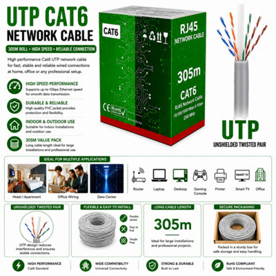 305M Grey CAT6 Outdoor Network Cable LAN Ethernet Reel with RJ45 High ...