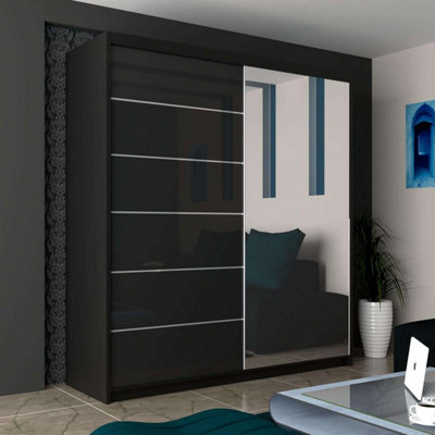B&Q -  Sliding Wardrobes 4U Fletche High Gloss Mirror Sliding Door Wardrobe In 3 Colors And 3 Sizes (Black W1500mm H2000mm)