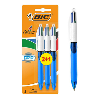 - Bic 4 Colours Pens Multicolour Grip4 Retractable BallpointPack Of 3