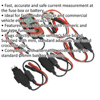 30A Automotive Current Tester - Mini & Standard Fuses - Fused Crocodile Clips