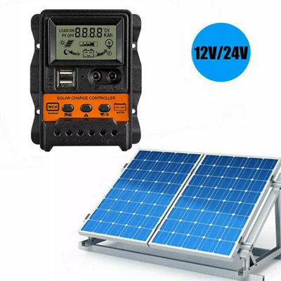30A Battery Charge Controller 12V/24V LCD Regulator Dual USB PWM Solar ...