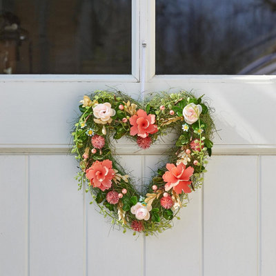 30cm Artificial Floral Heart Wreath - Weather & UV Resistant Outdoor Garden Colourful Summer Hanging Decoration with Hanging Chain