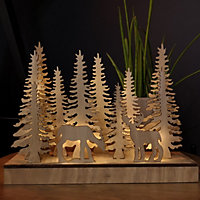 30cm Battery Operated Light up Wooden Christmas Deers in Forest Scene with LEDs