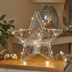 30cm Battery Operated Silver Woven Mesh Christmas Star Decoration with Warm White LEDs