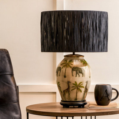 30cm Black Raffia Cylinder Lampshade Boho Palm Tree Drum Table Lamp Shade