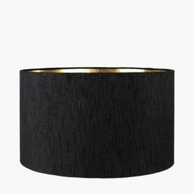 30cm Black Slubbed Faux Silk Gold Lined Cylinder Lampshade For Table Lamps
