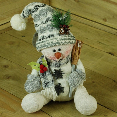 30cm Christmas Indoor Grey Sitting Snowman - Broom