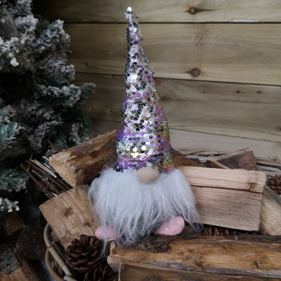 30cm Festive Christmas Plush Pink & Silver Bearded Gonk with Sequin Hat