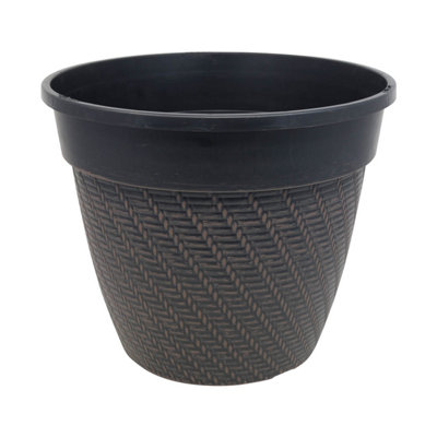 30cm Pot Rattan Round Planter Black With Brown Brush Round Plastic Plant Flower