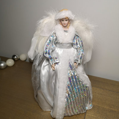 30cm Premier Christmas Tree Topper Angel Decoration in White & Silver