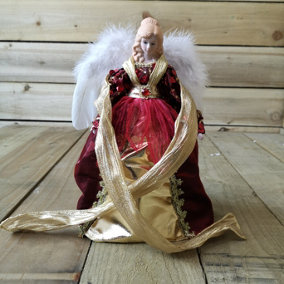 30cm Premier Christmas Tree Topper Angel with Feather Wings in Burgundy & Gold