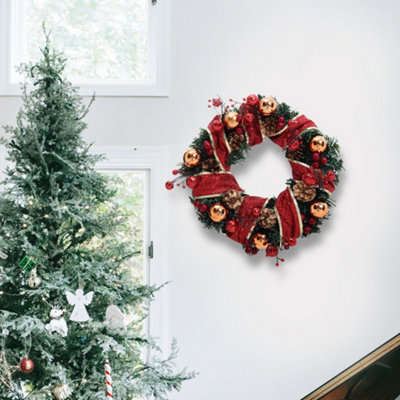 30cm Red Ribbon LED Lighted Christmas Wreath Hanging Xmas Decor with ...