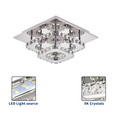 30cm Two-Tier Crystal Ceiling Light with Square Frame, Chrome Finish ...