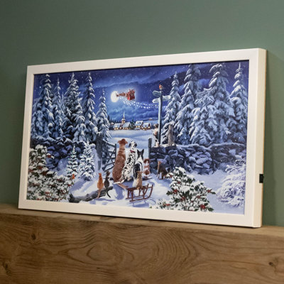 30cm x 60cm Battery Operated Fibre Optic Winter Dogs Watching Santa Sleigh Scene Touch Activated Christmas Canvas