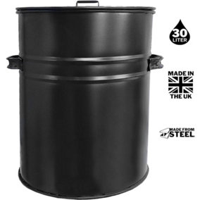 30L Ash Bin Bucket Carrier with Lid for Fireplaces - Metal Ash Bin - Black