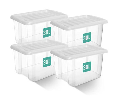 30L Clear Plastic Stackable Storage Boxes With Lids Set of 4, Strong & BPA Free