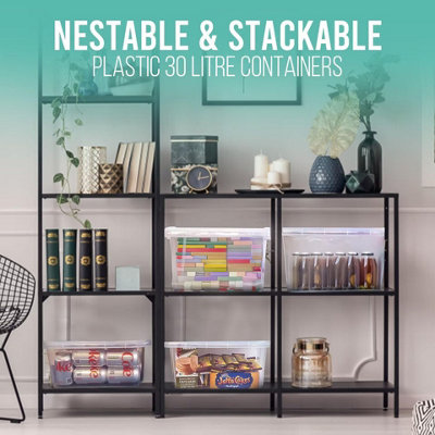30L Clear Plastic Stackable Storage Boxes With Lids Set of 4, Strong ...