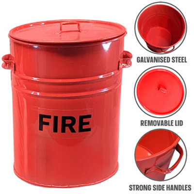 30L Red Fire Bucket Ash Bin with Lid - Metal Fire Bucket for Sand 39cm High
