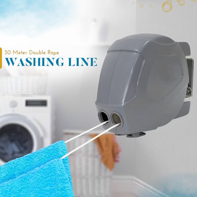 30m Retractable Washing Line Grey Wall Mounted Outdoor Clothes Line ...