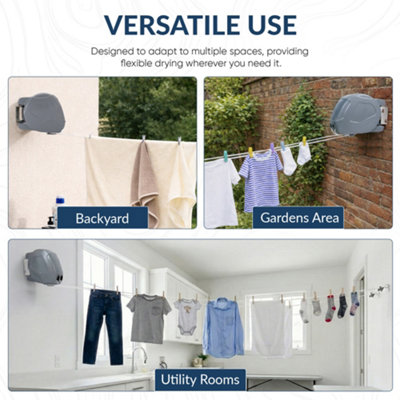 30m Retractable Washing Line Grey Wall Mounted Outdoor Clothes Line ...