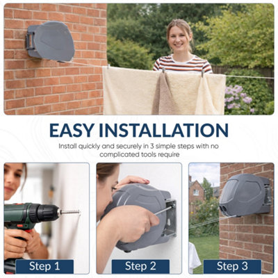 30m Retractable Washing Line Grey Wall Mounted Outdoor Clothes Line ...