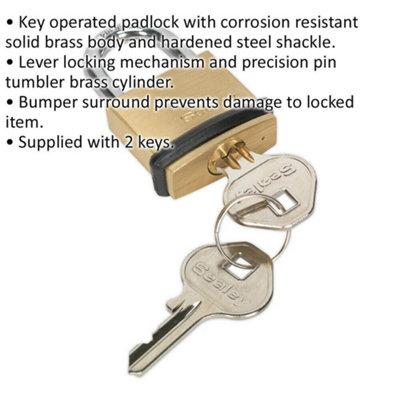30mm Brass Padlock 5mm Hardened Steel Shackle - 2 Keys Anti Scuff Rubber Bumper